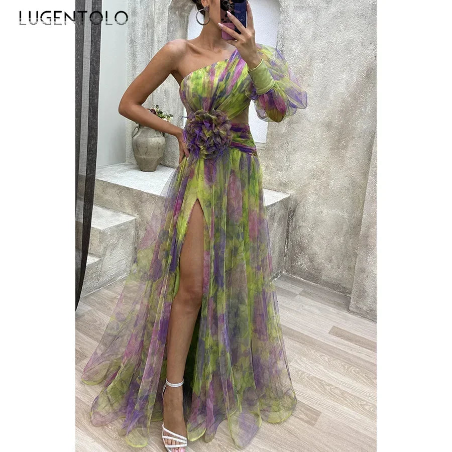 Women Sexy Party Dress Mesh Cut-outs Waist Split End Slanted Shoulders Big Swing Fashion Sleeveless Slim Floral Print Long Cloth