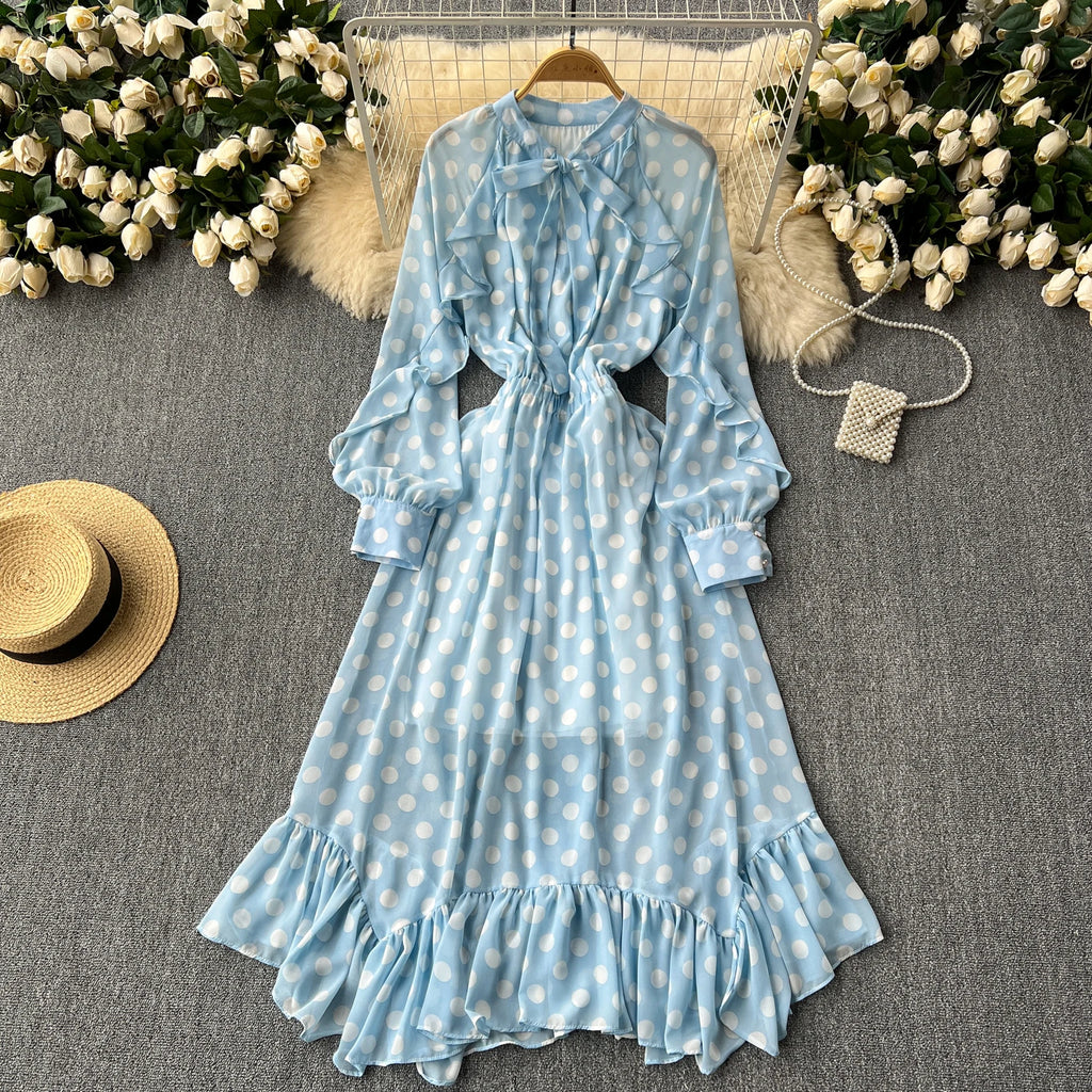 Retro Elegant Pleated Puff Sleeves dot sweet Dress Beach Vacation Casual Women A-LINE chiffon Fashion Summer basics Dresses