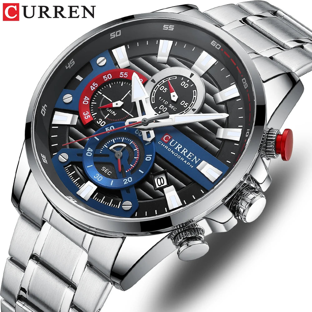 CURREN Sports Casual Quartz Wristwatches with Chronograph Fashion Stainless Steel Men's Watch Auto Date Clock Male with Box