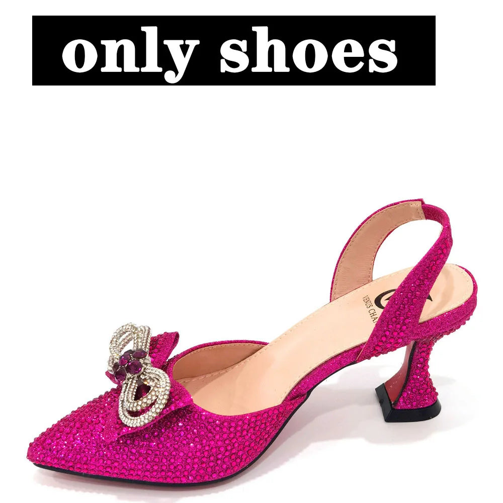 2022 Latest Italian Design African Women's High Heel Pointed Toe Sandals Party Wedding Party Fuchsia Color Shoes and Bags Set