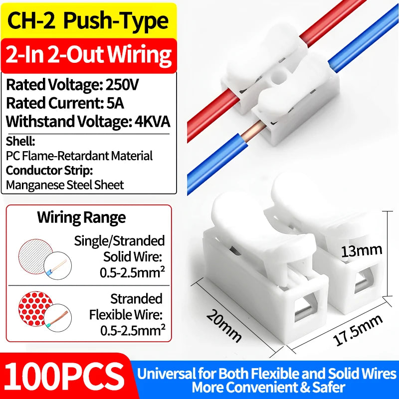 100Pcs CH2 CH3 5A 250V Push Quick Wire Connector 2/3 Pin Spring Loaded for Electrical Projects for Wiring Flame Retardant