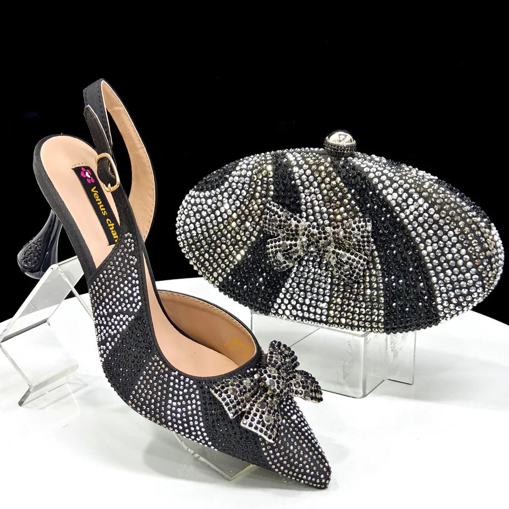 Venus Chan Green Color Pointed-Toe High Women Heels Shoes and Bags for Women Rhinestone Evening Party Elegant Luxury Handbag