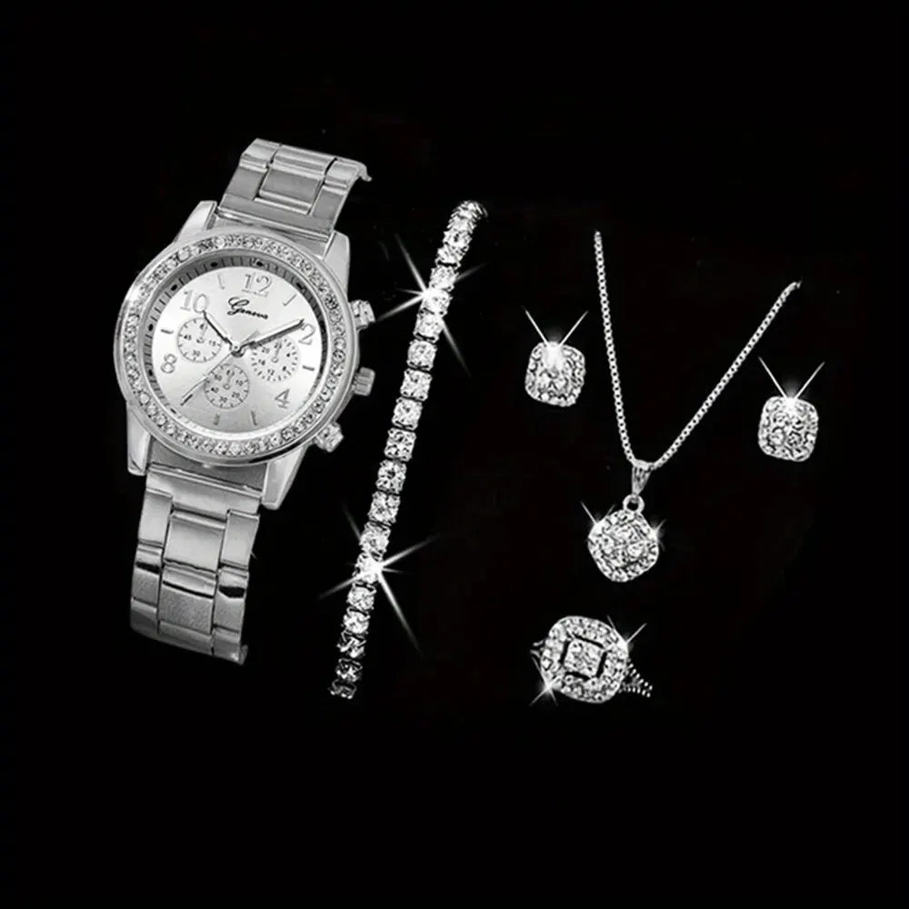 Newest 5 PCS Set Gold Watch Women Luxury Ring Necklace Earrings Rhinestone Fashion Wristwatch Female Casual Watches Bracelet Set