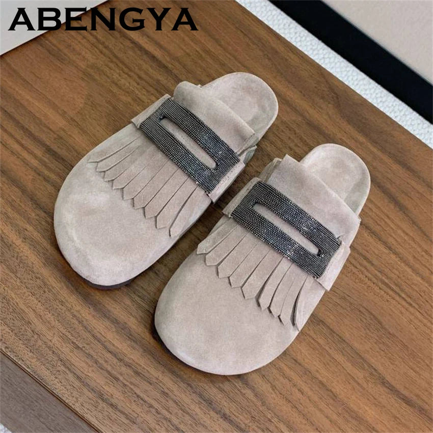 2025 Summer Round Wrap Toe Flat Half Slippers Women Suede Leather Tassels Platform Mules Ladies Outdoor Casual Beach Shoes Mujer