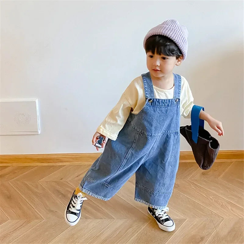 Autumn New Children Loose Overalls Boys Girls Casual All-Match Denim Trousers Spring Fall Solid Outwear 1-7Y Kids Bib Pants