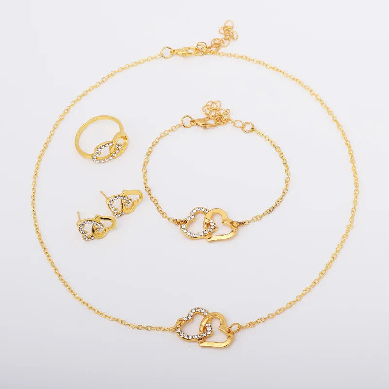 5PCS Set Gold-Color Heart Shaped Jewelry Sets Of Ring Earrings Necklace For Women Elegance Rhinestone
