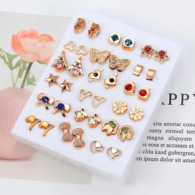 18 Pairs Colorful Rhinestone Hollow Flower Animal Mix Style Plastic Stud Earrings Set For Women Girls
