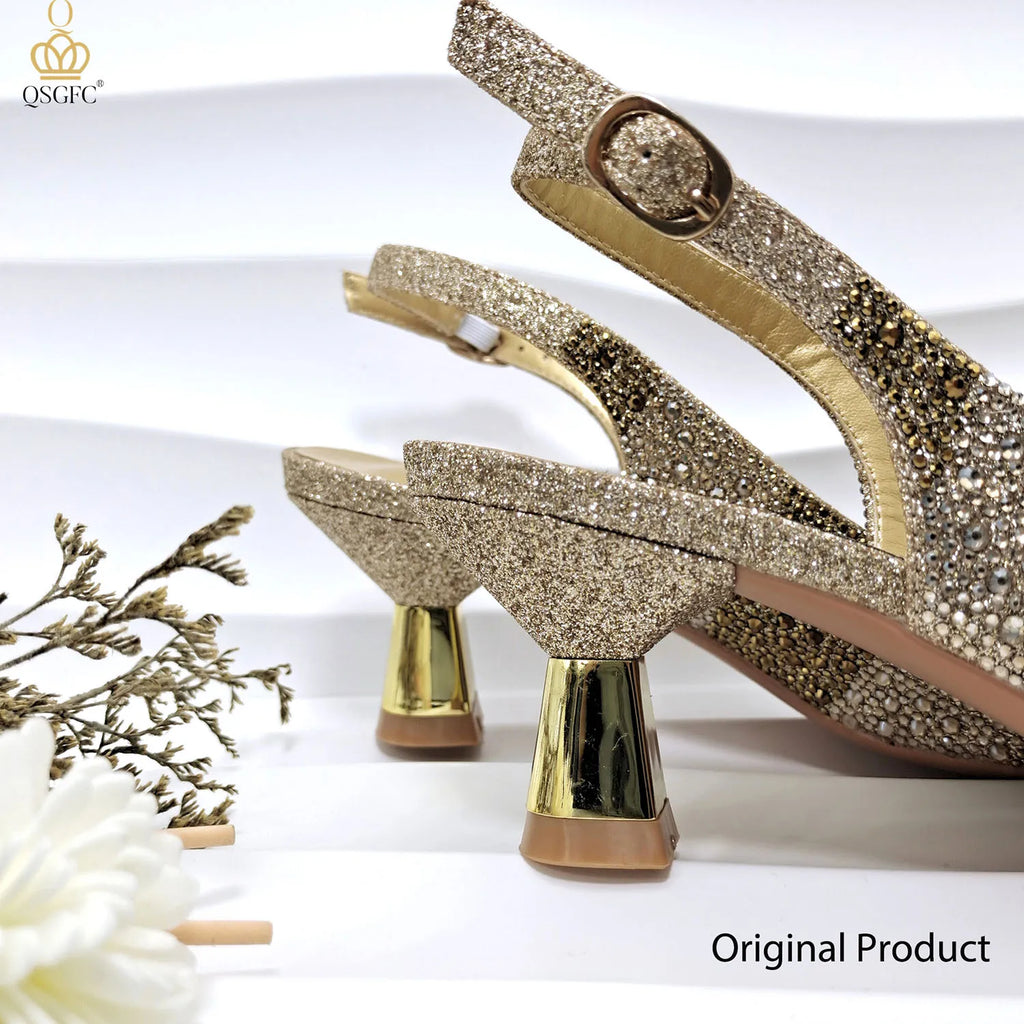 QSGFC INS Gold Color Elegant Women Heels Shoes and Bag Set Hollow Rhinestones  High Heels Wedges Shoes Matching Bag