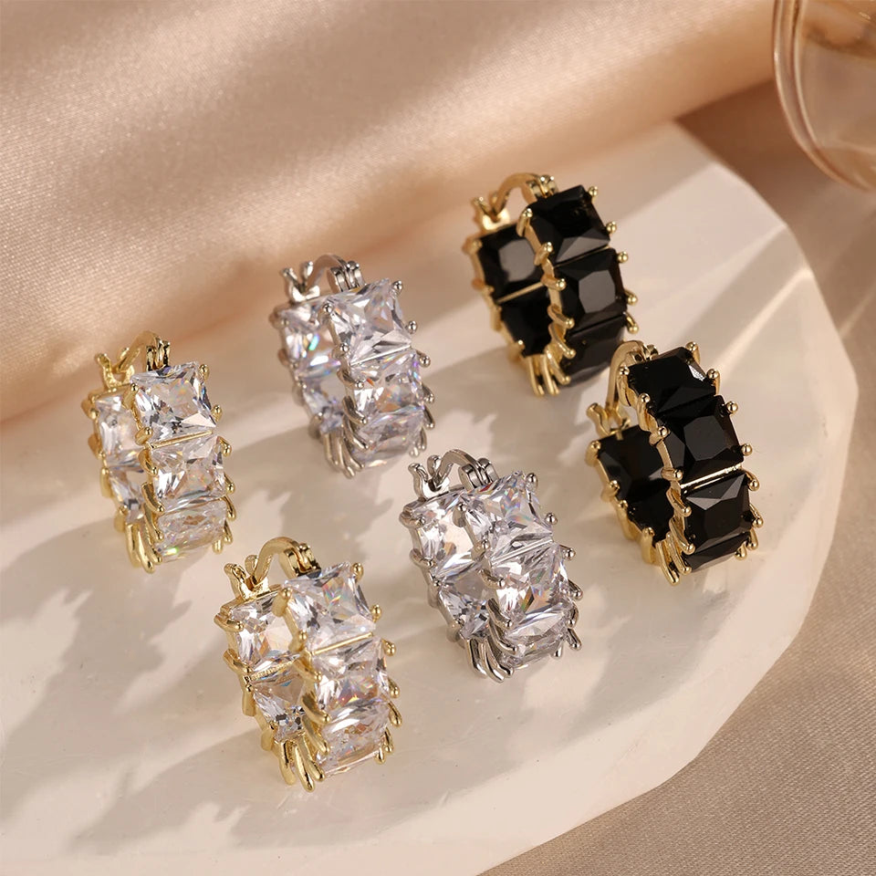 ZAKOL Vintage Black Square Crystal Hoop Earrings for Women Shiny Exquisite Zircon Round Earrings Wedding Party Jewelry