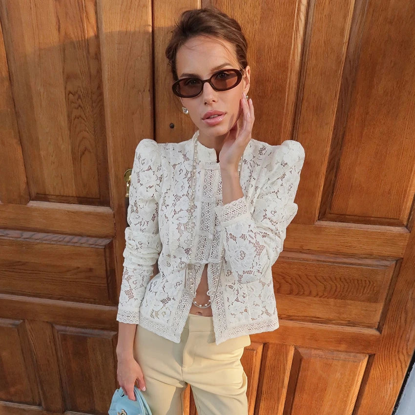 Linad Elegant Embroidery Puff Sleeve White Shirts Summer Sexy Hollow Out Lace Blouse Casual Sand Collar Top 2025 Vintage Shirts