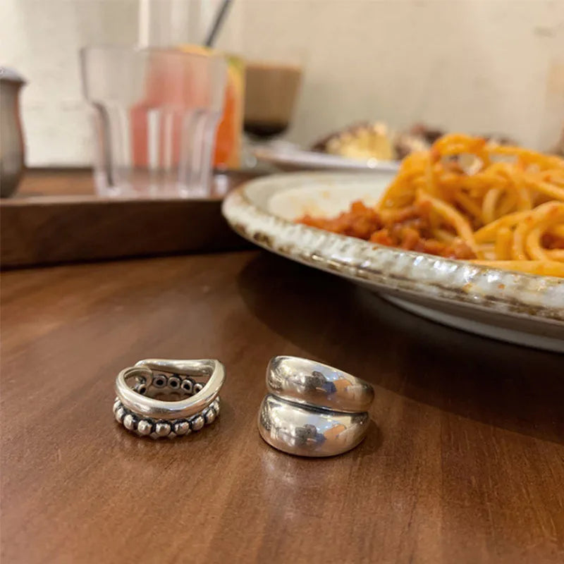 925 Silver Rings for Women Thick Wave Wide Solid Double-layer Punk Trendy Couple Female Party Birthday Gift