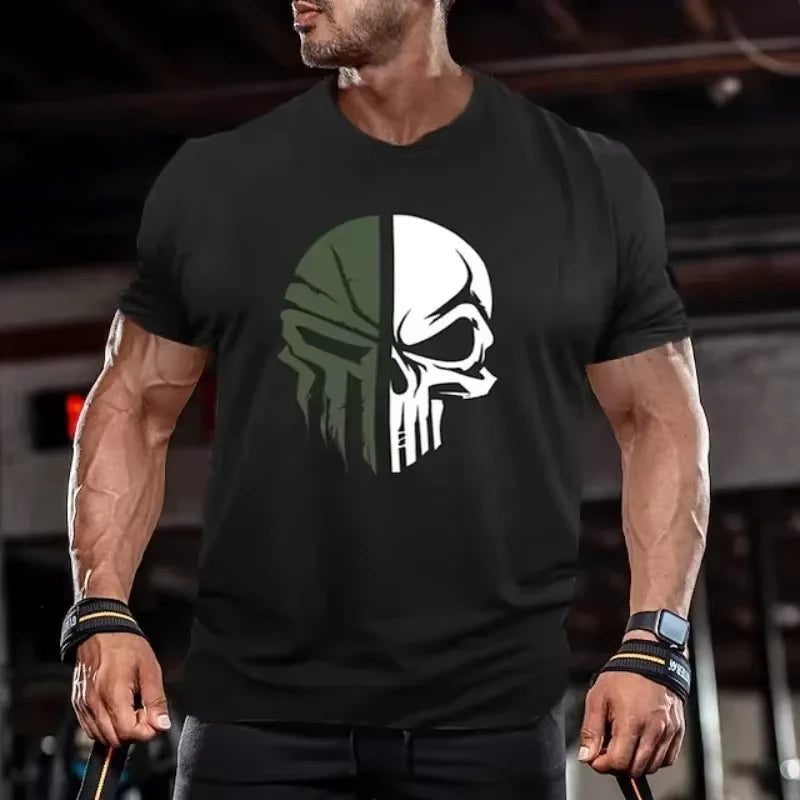 Men's digital printed skull printed T-shirt Fitness top Short sleeve T-shirt quick drying breathable