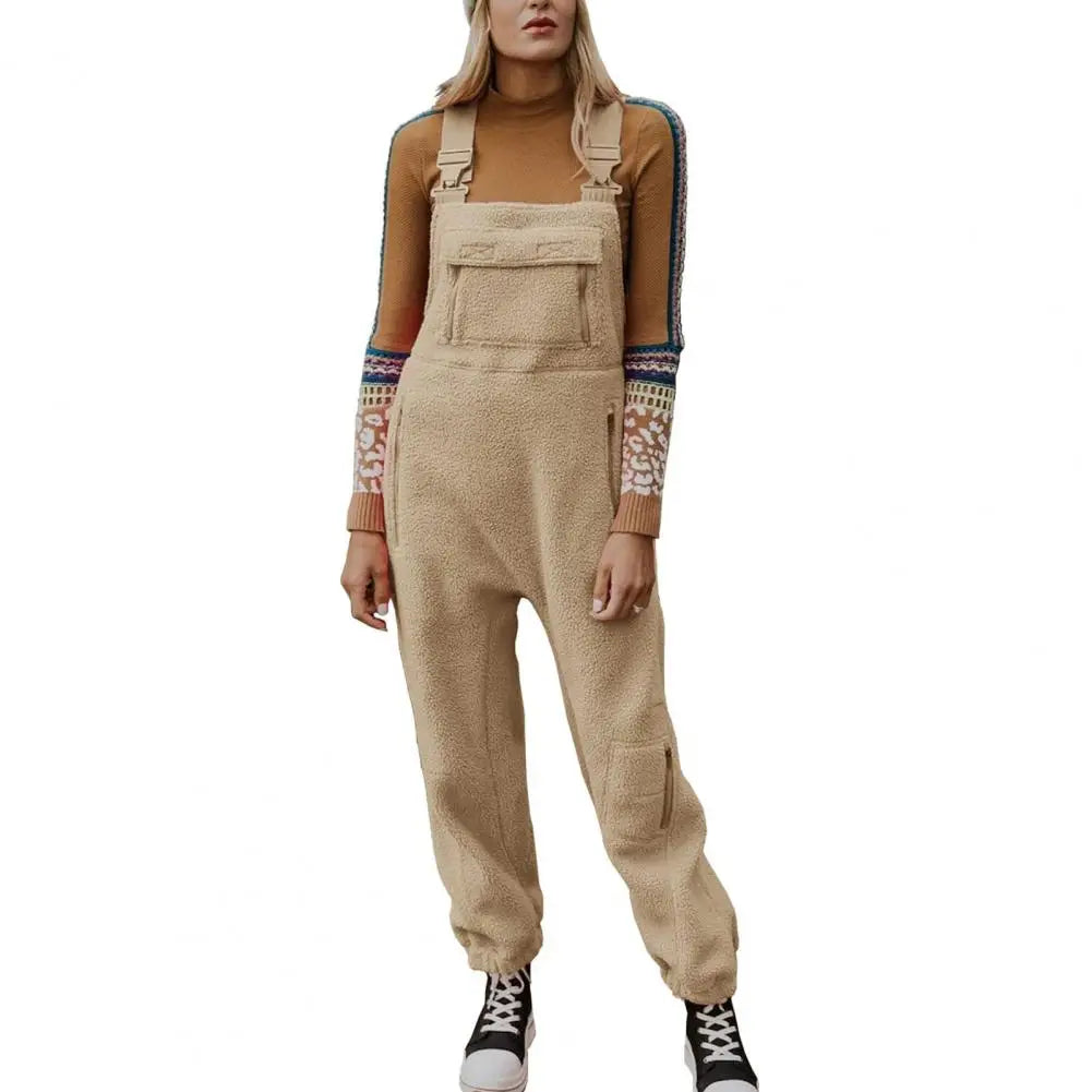 Fall Winter Women Jumpsuit Solid Color Plush Loose Overalls For Women One-piece Sleeveless Ankle-banded Cargo Outfit With Pocket