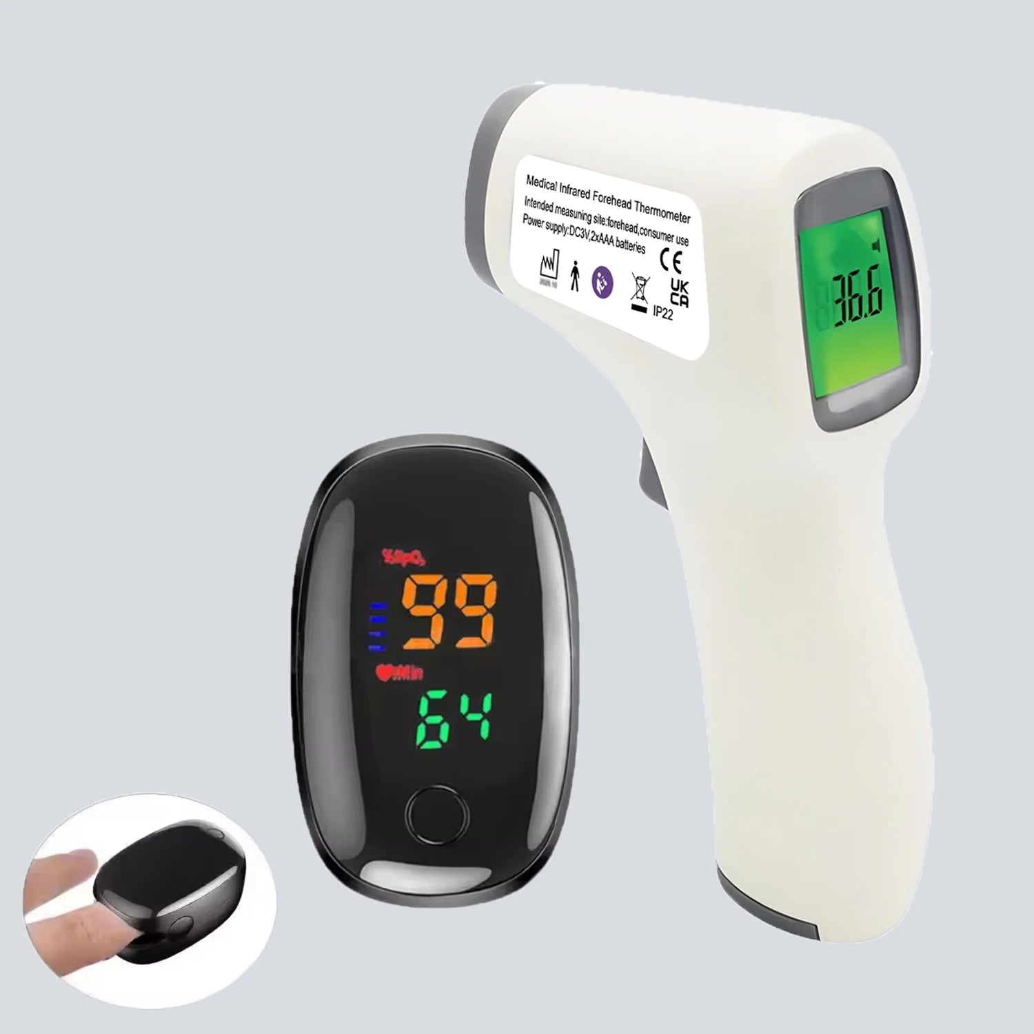 Portable Medical Thermometer & Oximeter Set | Non-Contact Ear IR Thermometer for Child Adult Body Temperature & Blood Oxygen Mon