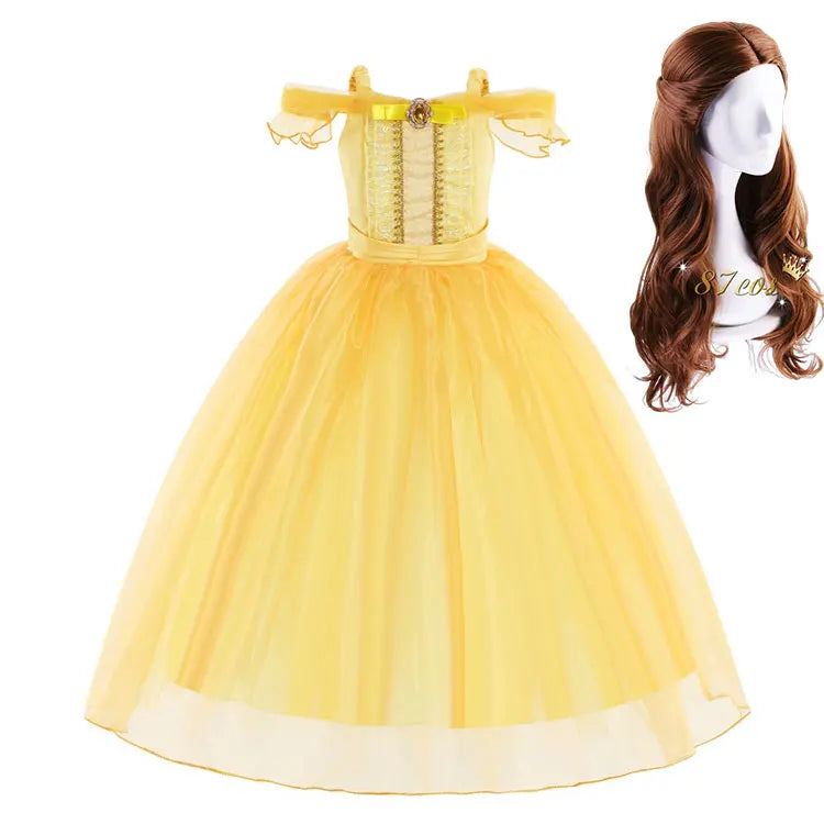 2025 Girls Beauty and the Beast Classic Belle Princess Cosplay Costume Child Fairy Tale Clothing Party Carnival Vestido