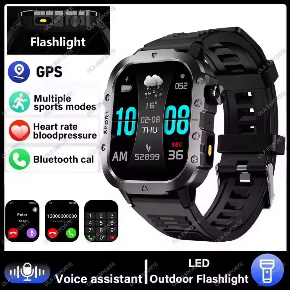 2026 New Military Outdoor Smart Watch Men's GPS Flashlight Bluetooth Call 2.01" AMOLED Screen 3ATM Waterproof Sports Smartwatch