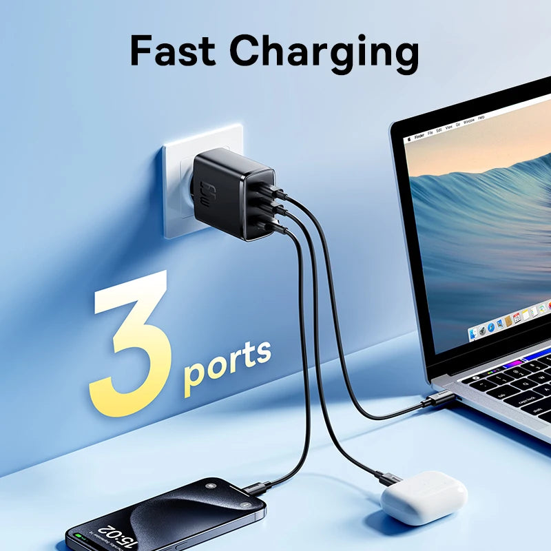 Baseus 65W GaN Charger PD Charge Type C USB Charger Support QC Portable Fast Charger For iPhone 17 16 15 14 13 12 Laptop Charger