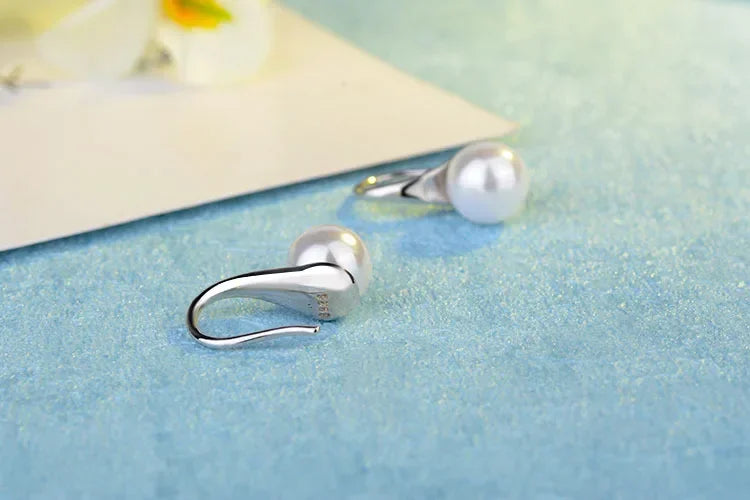 Korean fashion 925 Sterling Silver Earrings for Women Round Natural Freshwater Pearl Hook Dangle Drop Wedding Gifts Jewelry