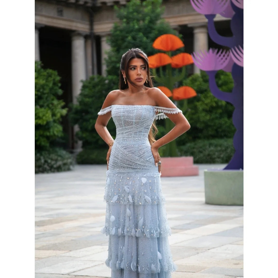 Bella Customized Short Tassel Fringe Sleeves Prom Dress Feather Appliques vestidos de noche Tiered Ruffle Evening Dresses 2026