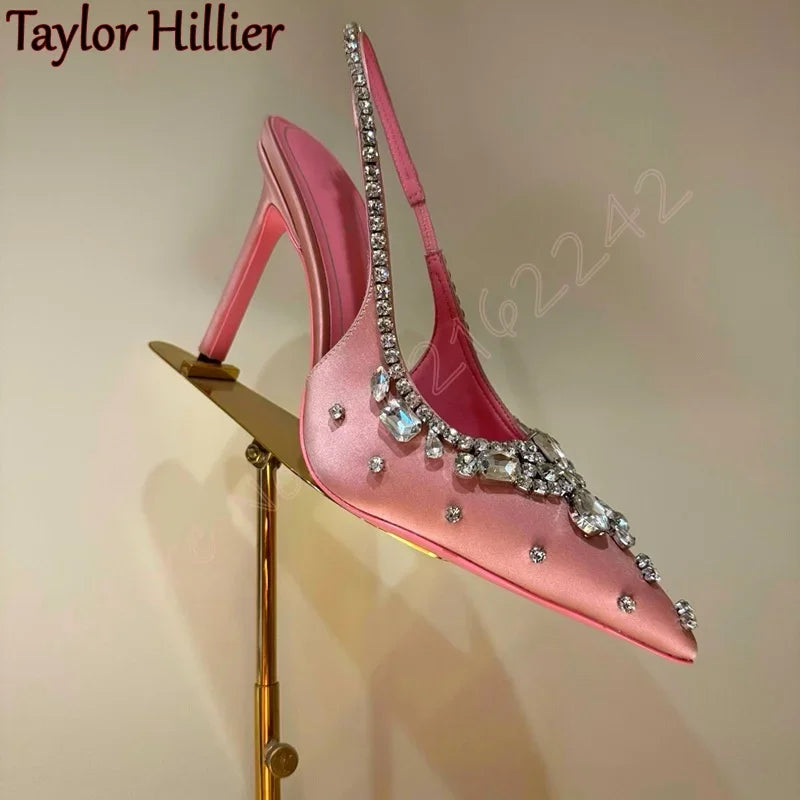Spring New Pink Rhinestone Pumps Women'S Elegant Satin Stiletto High Heels Fashion Back Strap Luxury Dress Evening Pumps Sandals