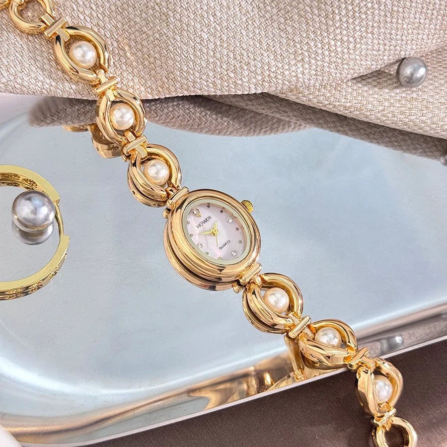 New Fashion Luxury Imitation Pearl French Romantic Oval Shaped Ladies Bracelet Watch High Aesthetic Quartz Watch