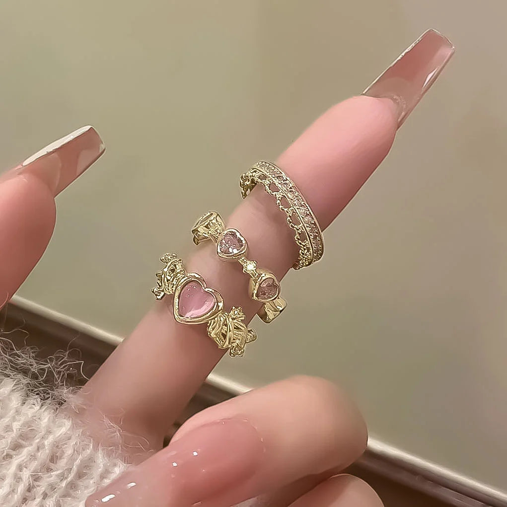 3 Pcs Set Love Heart Rings For Women Girls Light Luxury Sweet Rhinestone Opening Finger Ring Fashion Wedding Party Jewelry Gifts