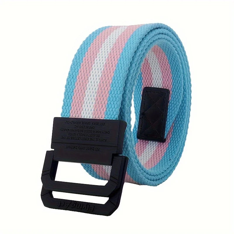 Seven Color Double Ring Buckle Rainbow Canvas Belt For Women Men, Casual Pants Belt