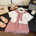 Summer Girls Sets Children Short-sleeved Suit Kids T-shirt With Stripes Shawls+Wide-leg Pants 2Pcs Outfits Teen Casual Clothes