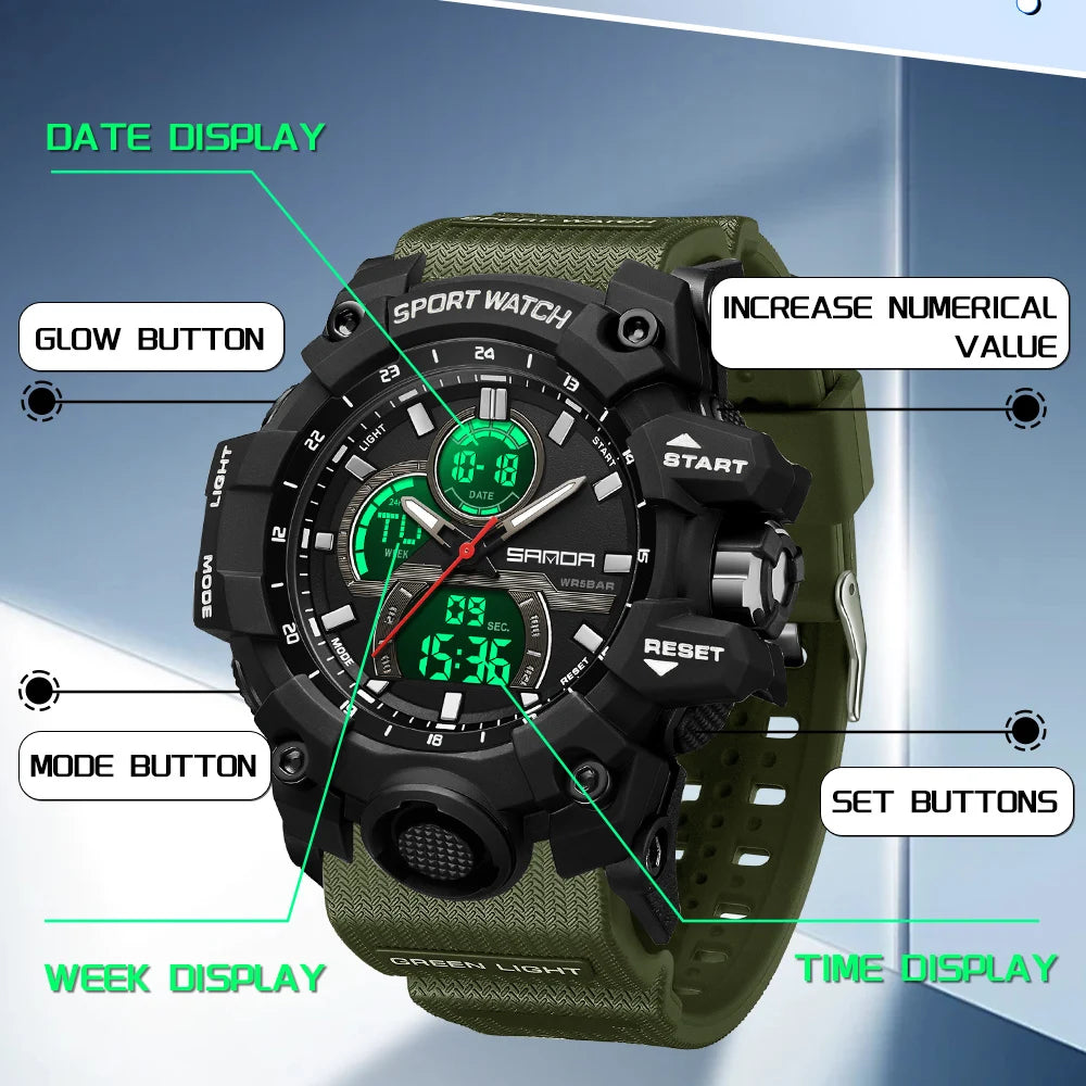SANDA Digital Men Watch Military Sport Waterproof Wristwatch Man TPU Strap Quartz LED Clock Fashion Stopwatch Date Male Clock