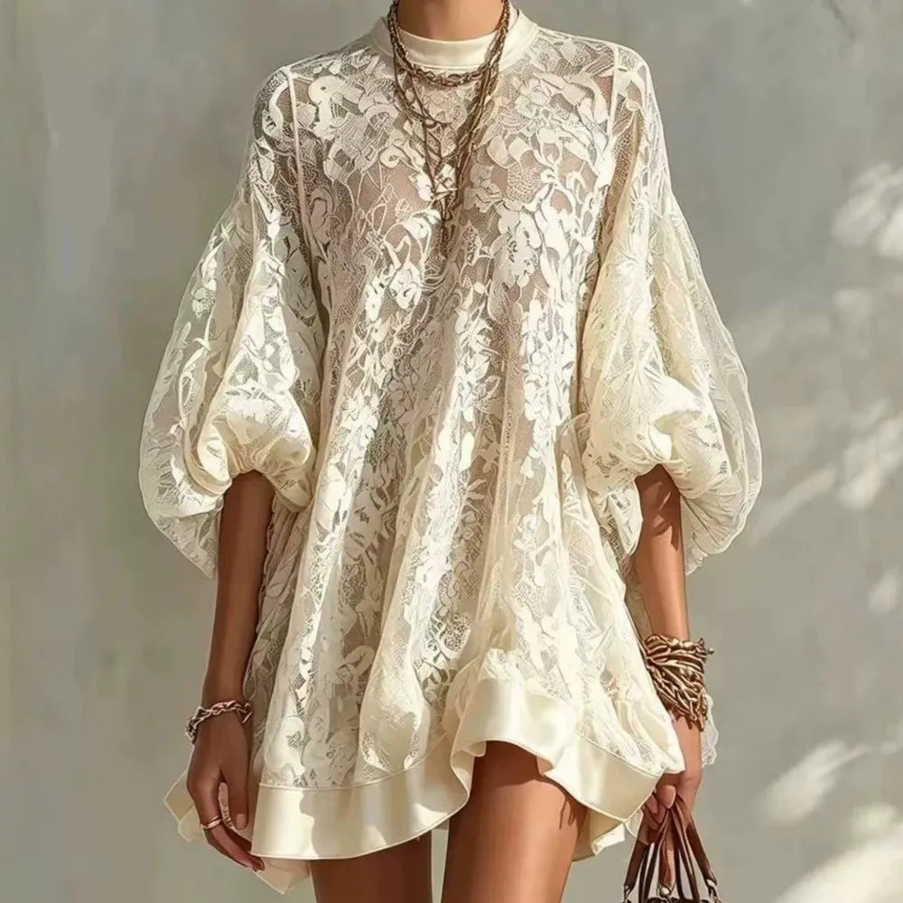Women Solid Floral Lace Mini Dress Autumn O Neck Lantern Sleeve Mesh Sheer Loose Dresses Boho Casual Beach Holiday Ruffle Dress