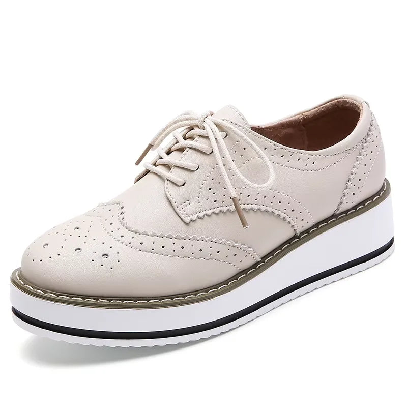 EOFK Spring Autumn Women Derby Platform Flats Brogue Leather Lace up Classic Bullock Footwear Gold Female Oxford Shoes Lady