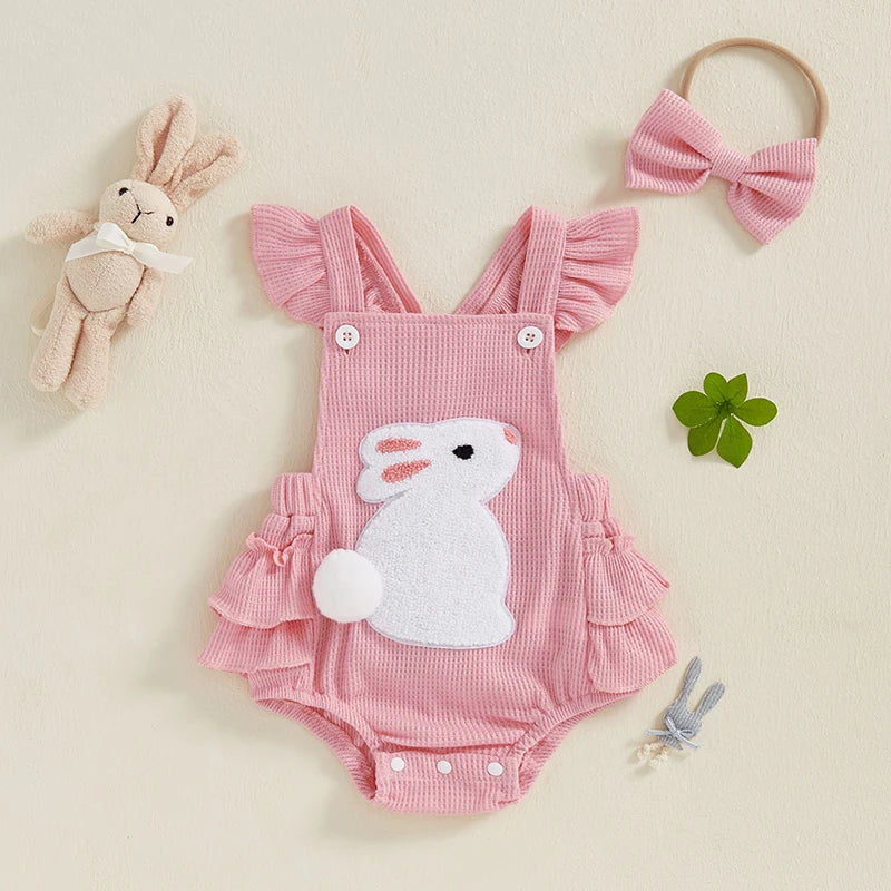 Newborn Baby Girl Easter Outfit Carrot Embroidery Romper Waffle Ruffle Bodysuit Headband Summer Outfit 0-18M