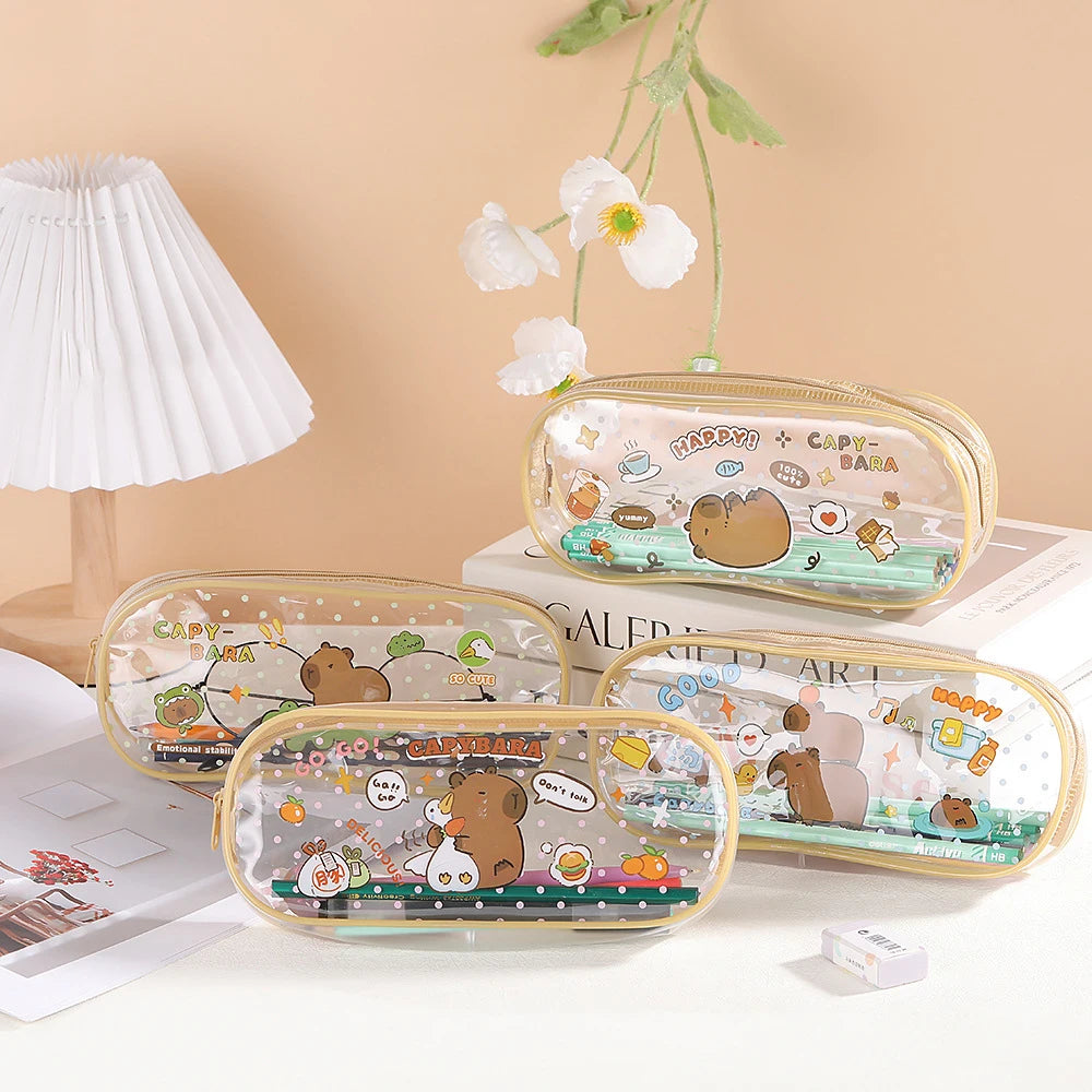 Cartoon Capybara Pencil Case Transparent Waterproof Zipper Pen Pouch Large Capacity Stationary Organizer Bag School Supplies