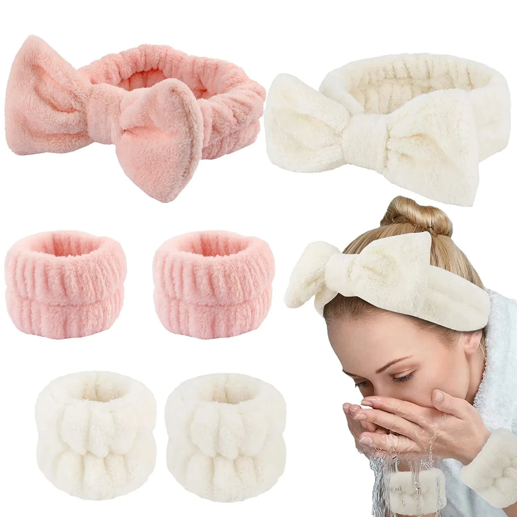 Bow Headband Wristband Set Towel Elastic Soft Washing Face Shower Make Up Yoga Sports Skincare Headband For Women Girls