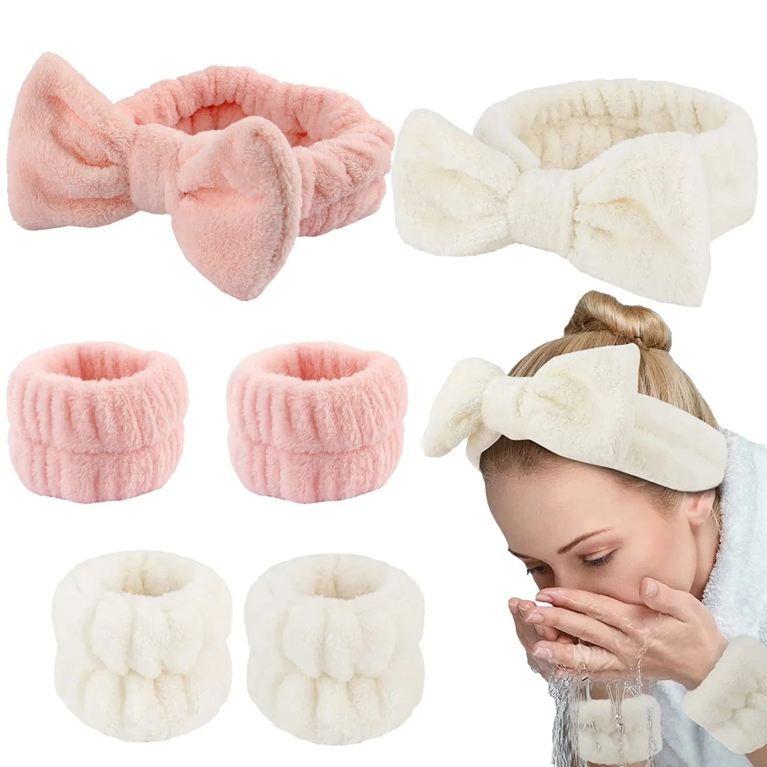Bow Headband Wristband Set Towel Elastic Soft Washing Face Shower Make Up Yoga Sports Skincare Headband For Women Girls