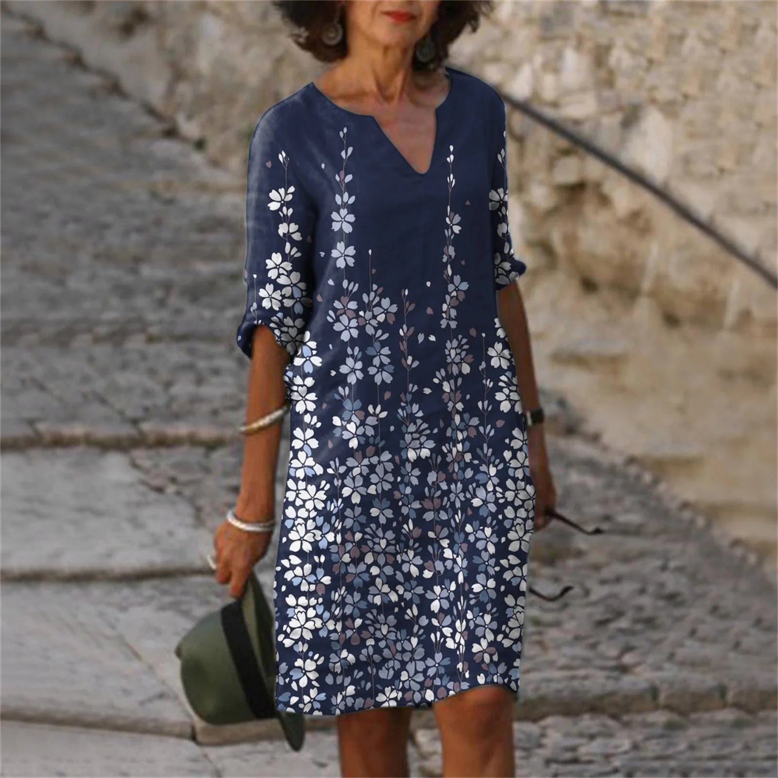 Mom Casual Dresses V Neck Elegant Retro Printed Medium Sleeved Dress Summer Fashion Streetwear Maxi Vestidos For Daily Fit