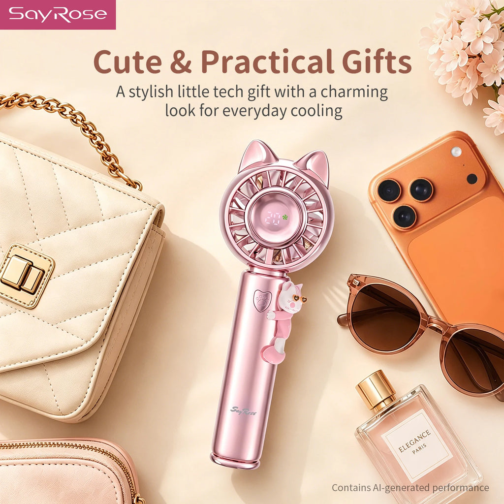SayRose FS-53 Cute Pet Handheld Fan Ice Compress Cooling 5 Speed Mini Portable Rechargeable Fan Lightweight Hand Fan Birthday Gift For Girls