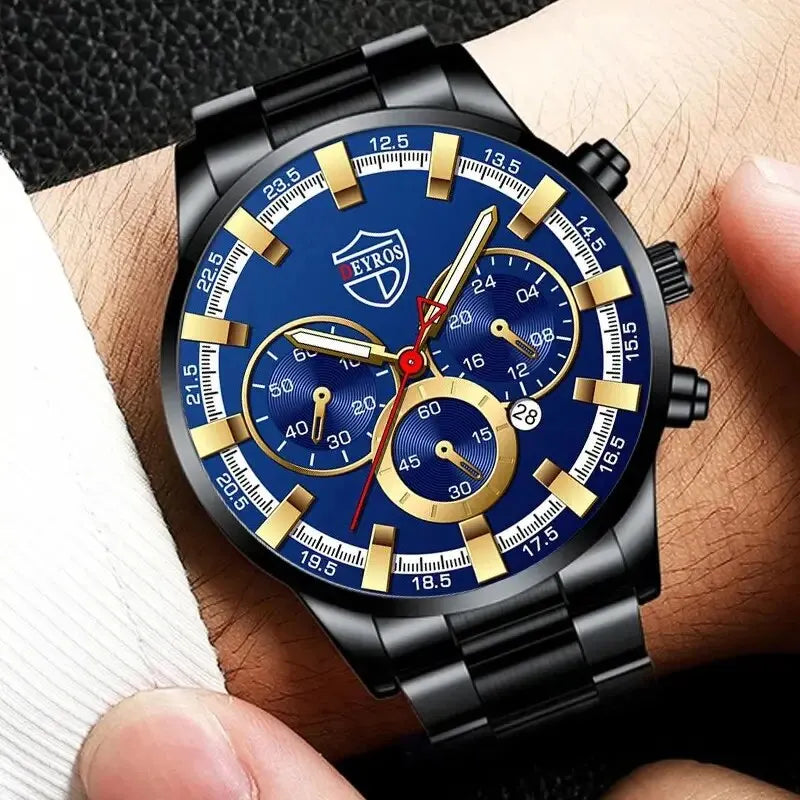 DEYROS 2pcs Luxury Black Quartz Watch & Bracelet For Men Business Fashion Round Calendar Watch Set