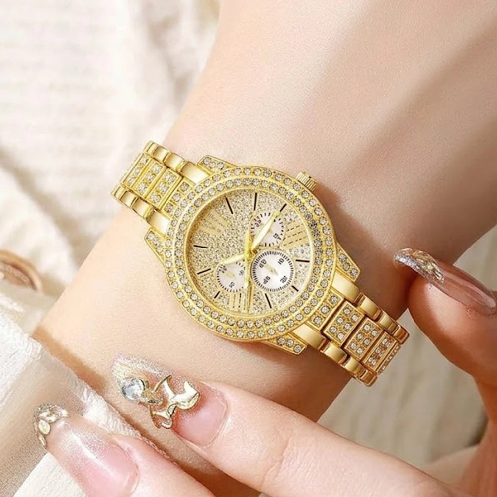 5Pcs/Set Unisex Jewelry Watches Women's Wristwatch Accessories Gold Trendy Fashionable Elegant Classic Exquisite Light Luxury Rhinestone Luxury Round Dial Quartz Watch Set Y2K Suitable for Travel, Parties, Daily Outfits, Perf