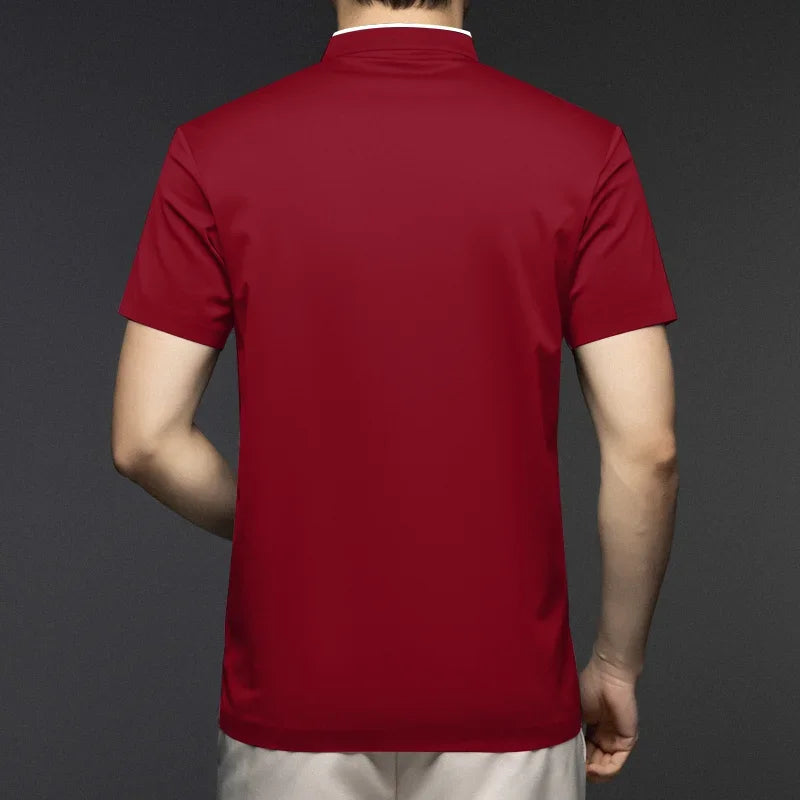 2025 New Men's Casual Fashion Zipper Solid Color Short Sleeved Polo Shirt Stand Up Collar Versatile Comfortable Top