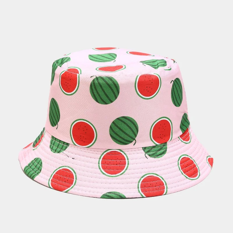 New Creative Fruit Pattern Fisherman's Hat Unisexdouble Sided Bucket Cap Uv Protection Panama Sun Caps for Girls Beach Hats