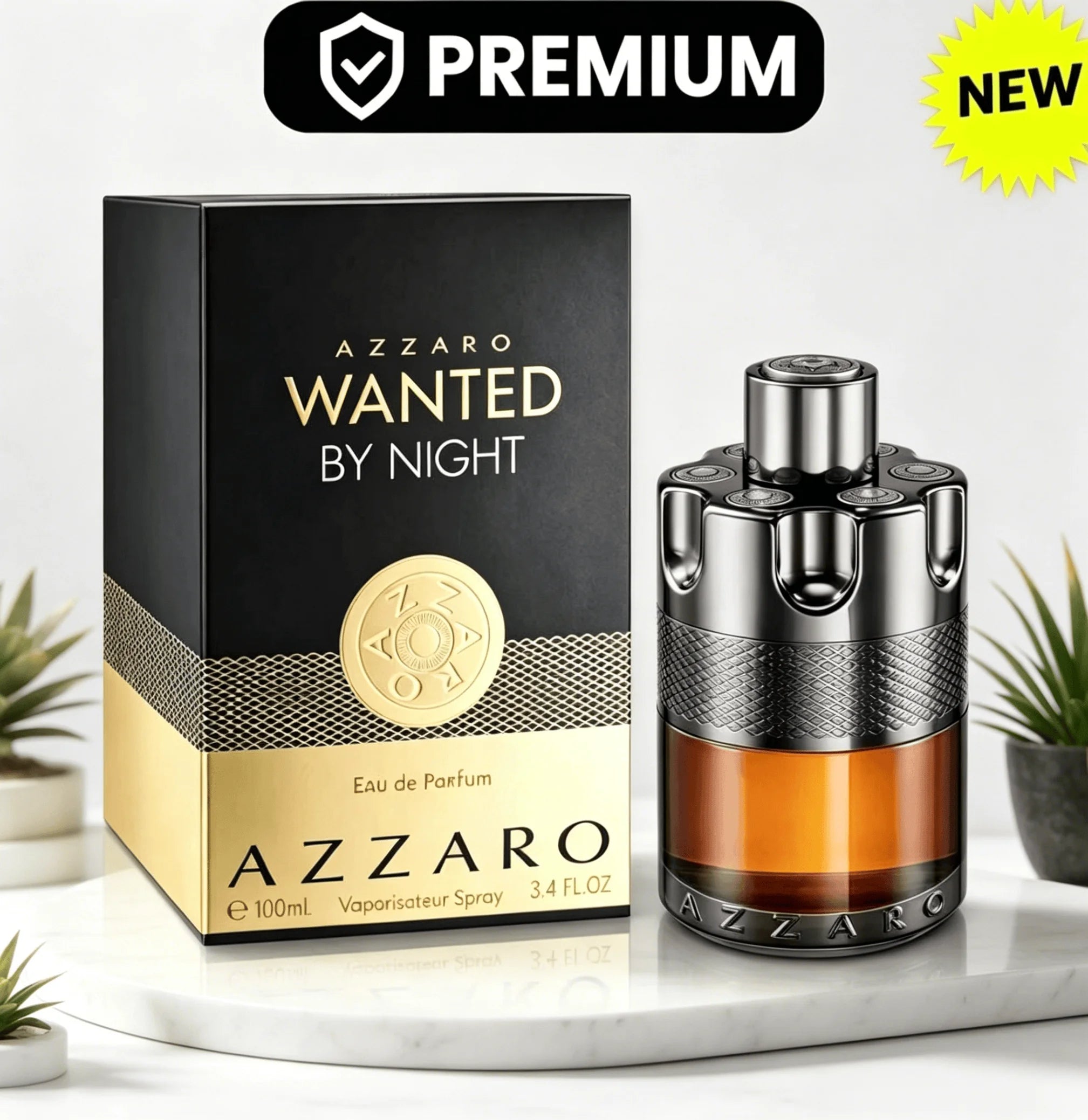 Azzaro Wanted By Night Eau De Parfum 100ML With Original Brown Gold Gift Box Long Lasting Rich Warm Spicy Tobacco Vanilla Woody Fragrance Men Perfume Silver Cap Transparent Amber Liquid Bottle Night Club Masculine Scent Holid