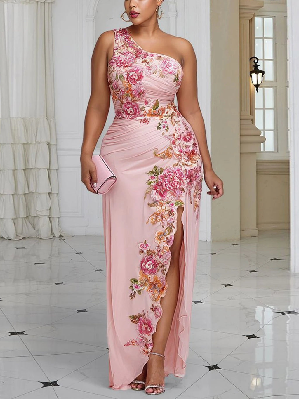 Women Plus Size Floral Print Satin Maxi Dress One Shoulder Sleeveless High Split Bodycon Formal Wedding Guest Evening Party Gown