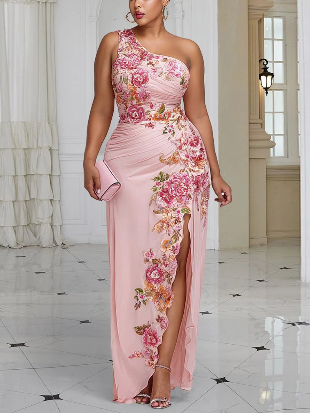 Women Plus Size Floral Print Satin Maxi Dress One Shoulder Sleeveless High Split Bodycon Formal Wedding Guest Evening Party Gown