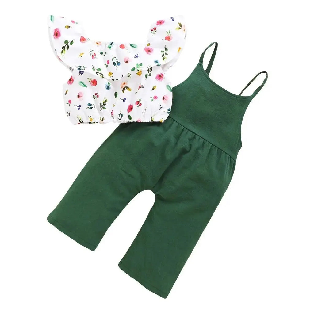 Toddler Girl Set 1-5 Years Kids Baby Girl Clothes Set Floral Print Lotus Leaf Short Top+Suspender Pant Fashion Cute 2PCS Outfit
