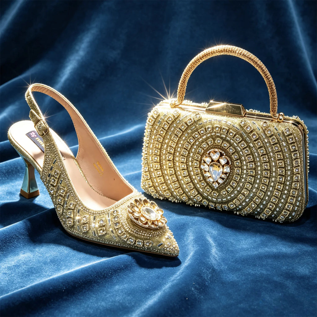 Latest African Women Shoes and Bags Italy Elegant Heeled Shoes for Women Italian Shoe and Bag Pumps Decorated with Rhinestone
