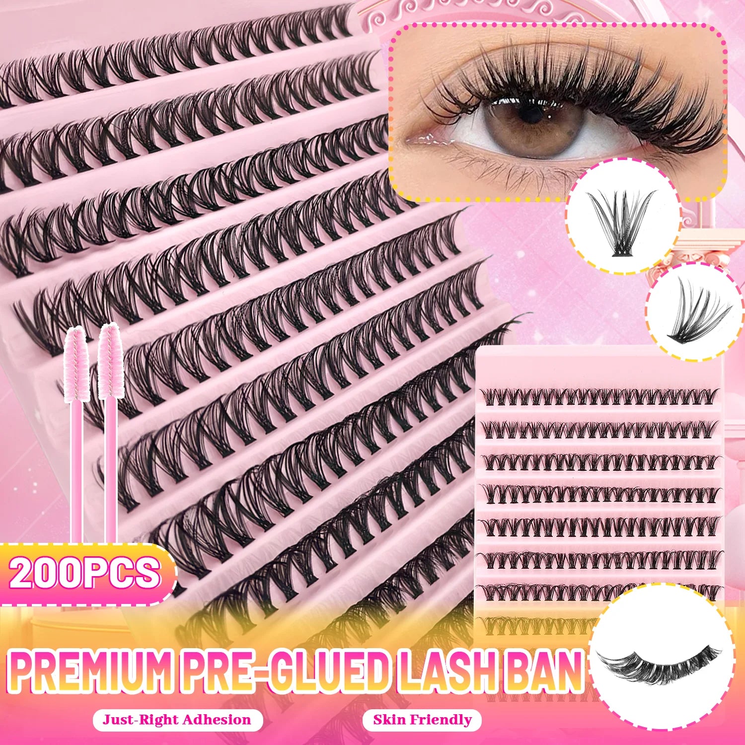 740/200pcs of Eyelash Extension Kit Mix of 30D 40D Lash Clusters Ranging from 9 to 16Mm Suitable for Beginners to Use at Home