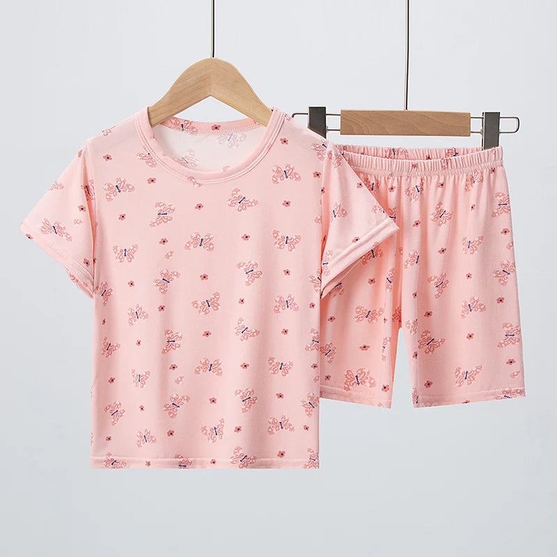 2 Pcs Children's Fun Printing Suit Boy Multicolor Dinosaur Short Sleeve Girl Sweet And Lovely Bow Comfortable Joker Shorts Suit