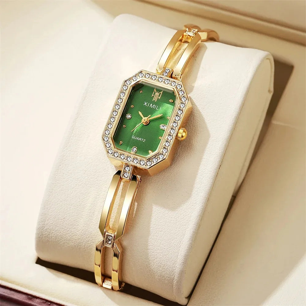 Fashion Rhinestone Rectangle Women Watches Casual Stainless Steel Gold Bracelet Ladies Quartz Wristwatch（Without Box）