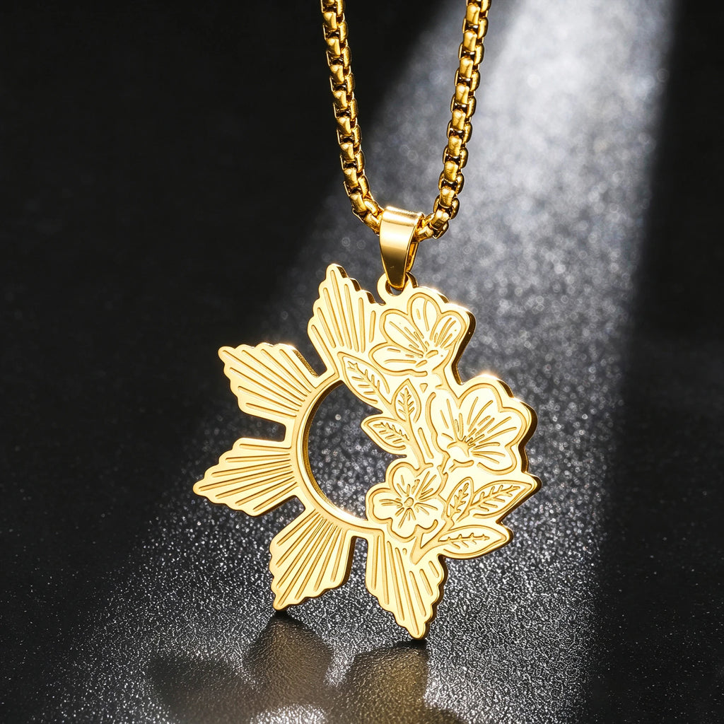 Unift Philippine Sun and Sampaguita Flower Necklace Stainless Steel Choker for Women Men National Symbol Sampaguita Jewelry Gift